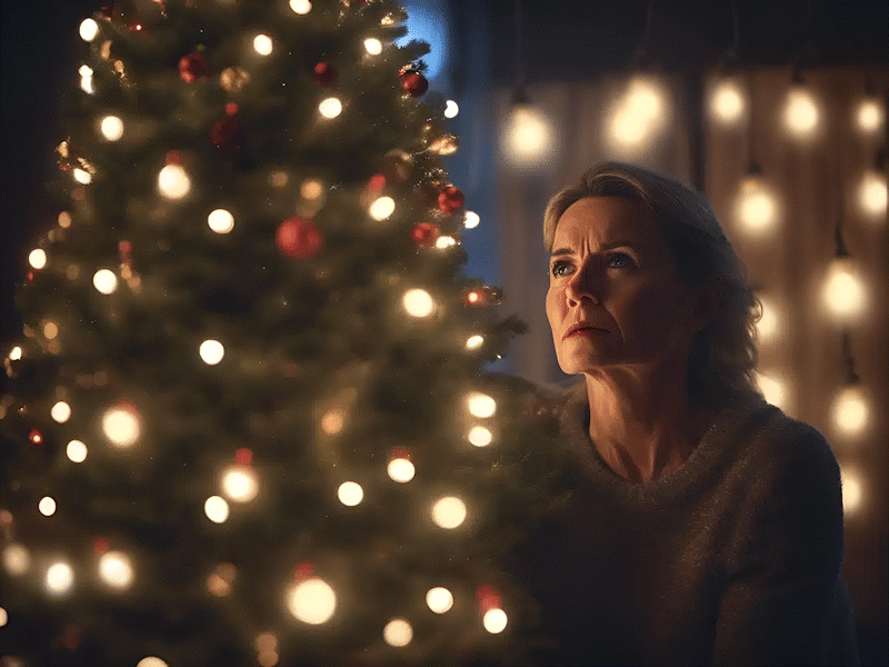 Stressed woman looking at Christmas tree with festive lights.